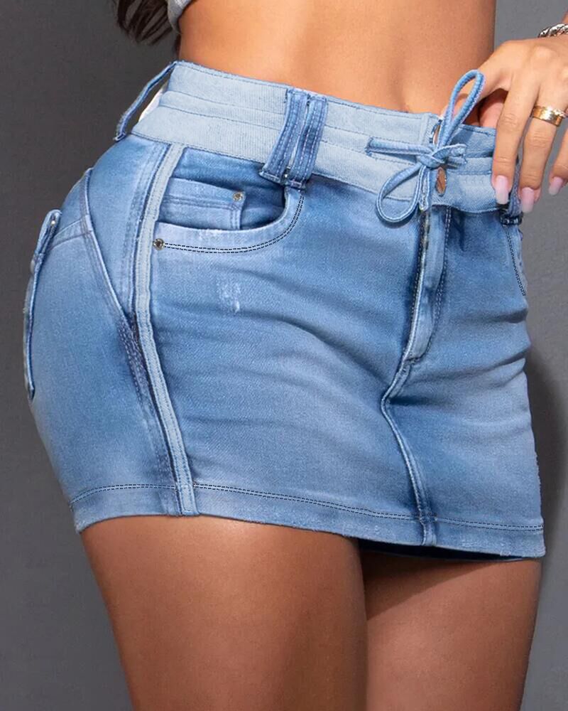 Contrast Binding Ripped Drawstring Denim Skorts