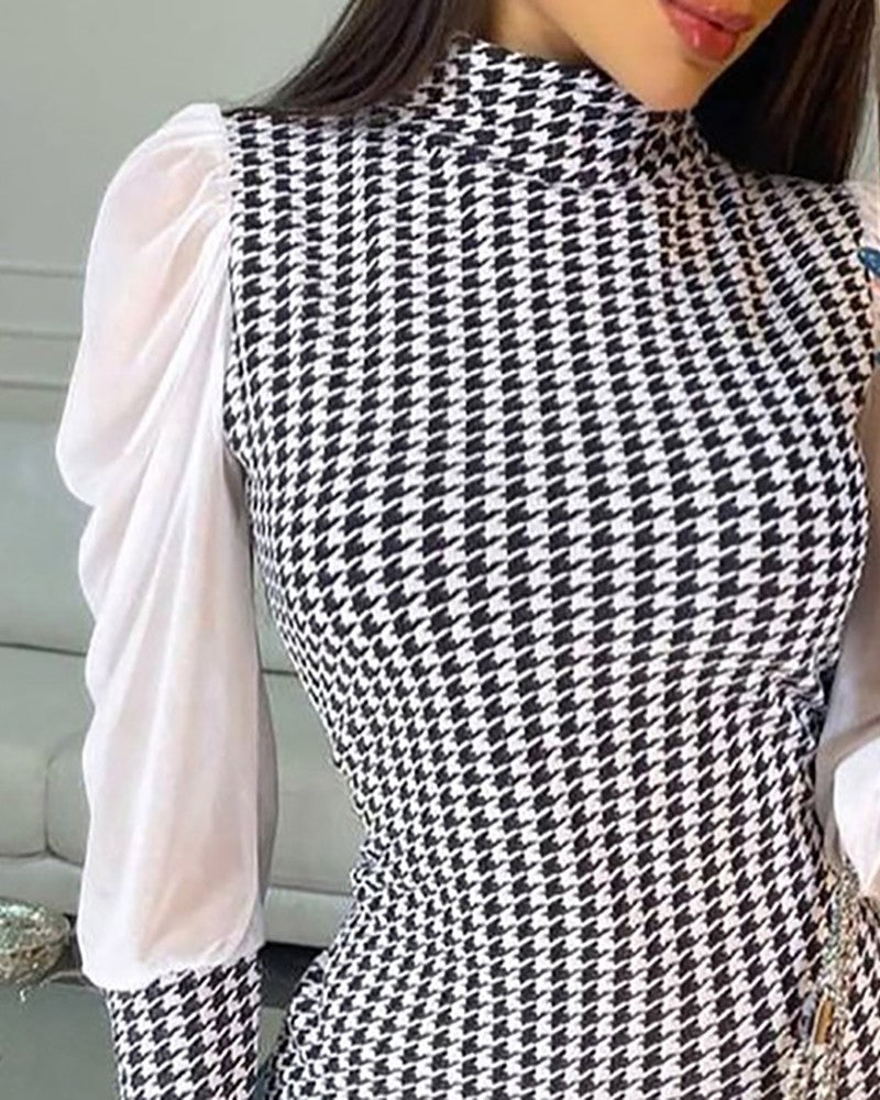 Mesh Patch Houndstooth Print Puff Sleeve Work Dress