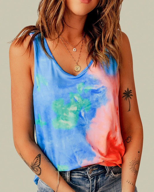 Tie Dye Print Crisscross Ruched Tank Top