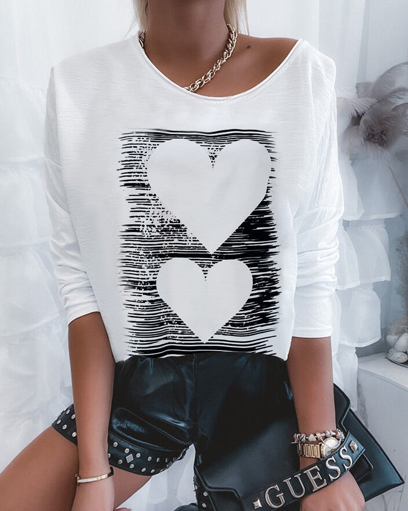 Long Sleeve Heart Print Casual Top