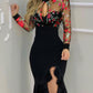 Floral Embroidery Sheer Mesh Slit Ruffles Party Dress