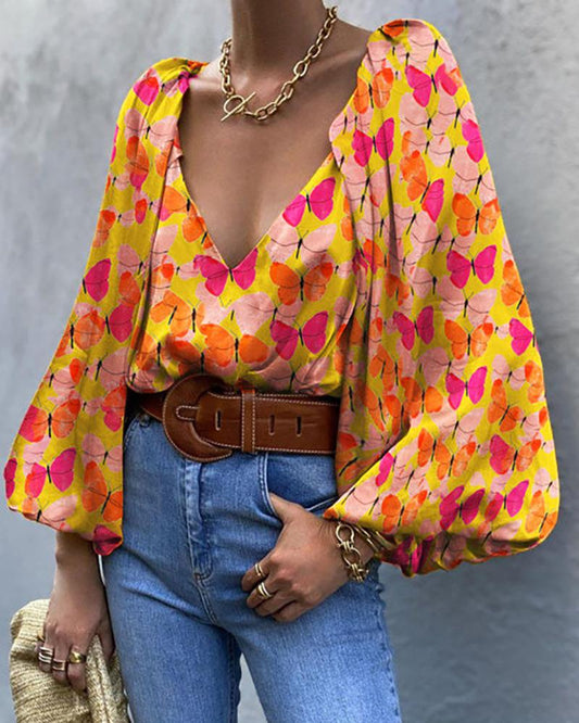 Butterfly Print Puff Lantern Sleeve Top