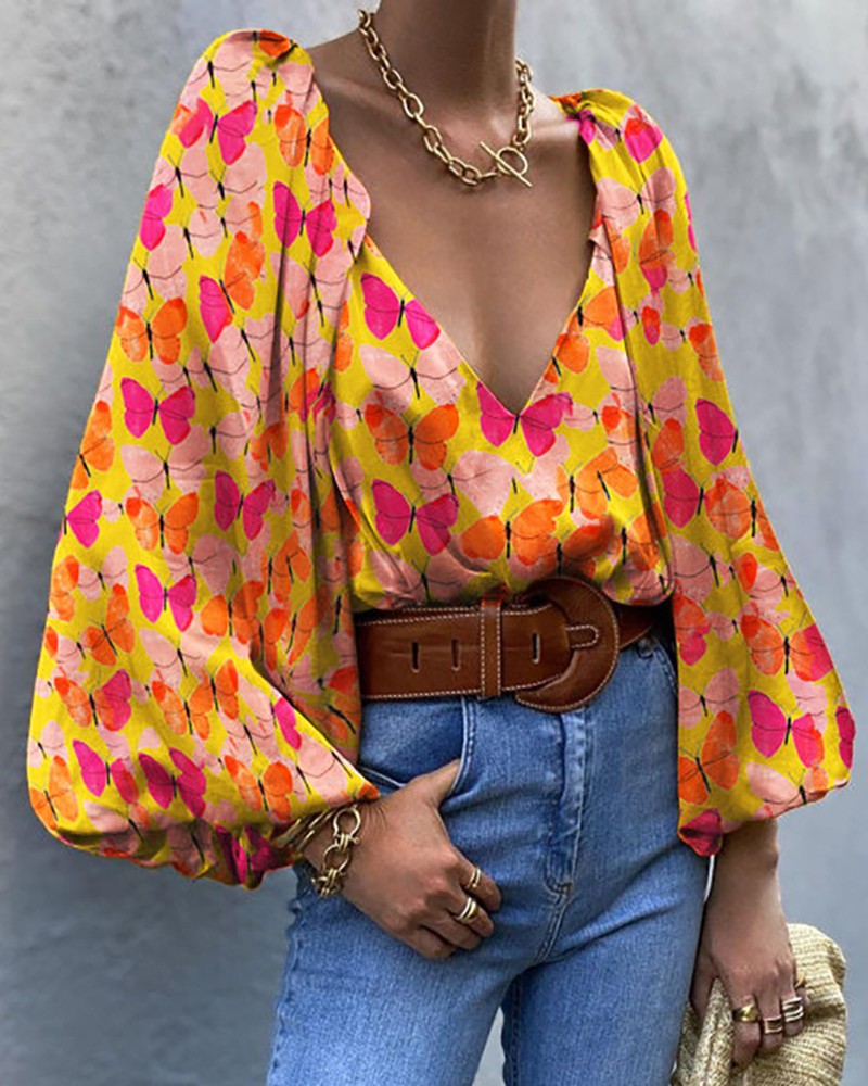 Butterfly Print Puff Lantern Sleeve Top