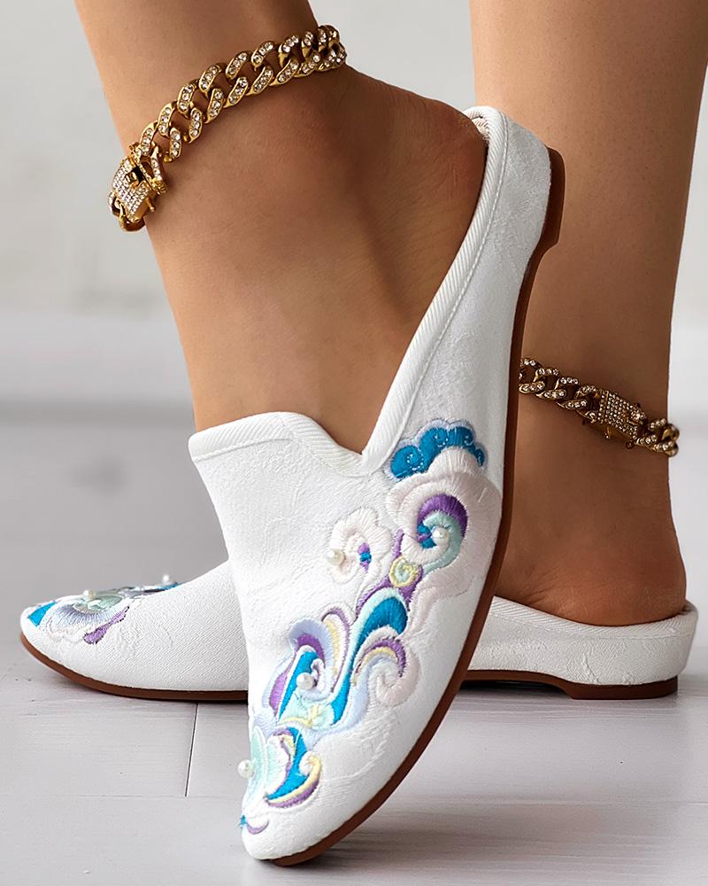 Vintage Cloud Embroidery Pearls Slip On Mules