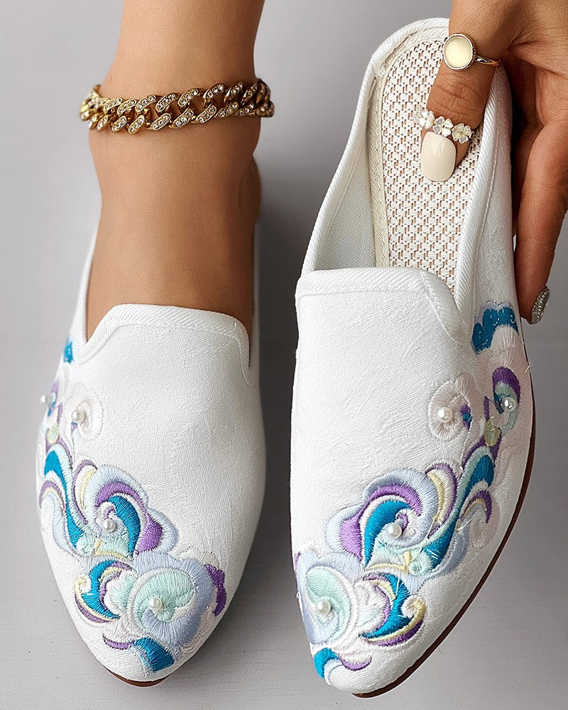 Vintage Cloud Embroidery Pearls Slip On Mules