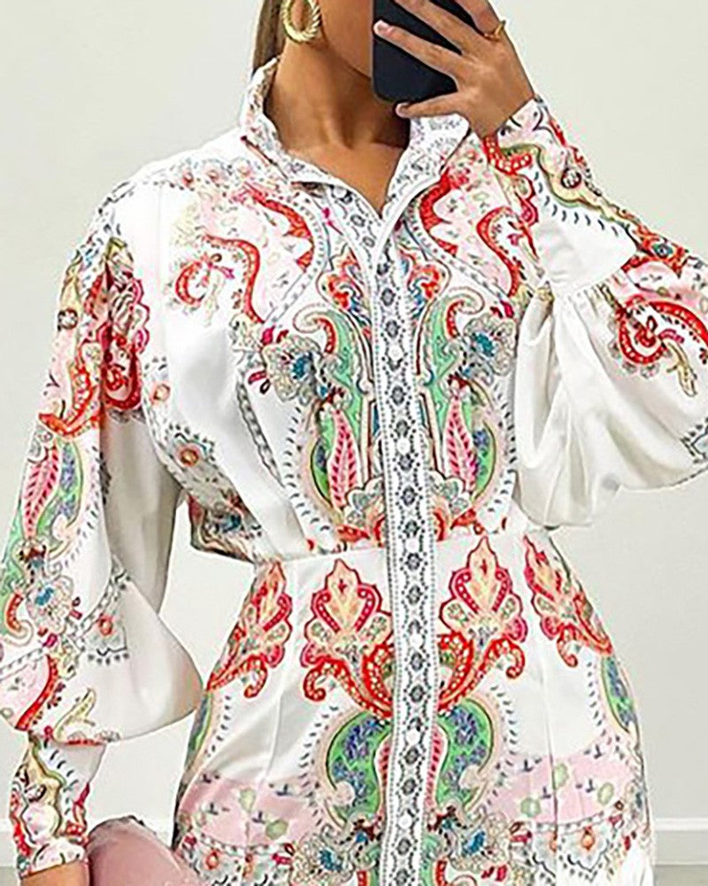 Paisley Print Buttoned Lantern Sleeve Maxi Shirt Dress