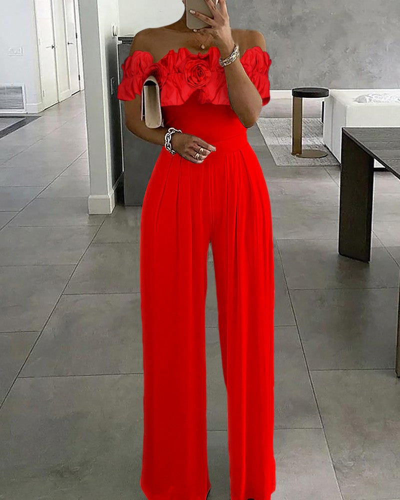 Rose Detail Off Shoulder Wide Leg Jumpsuit