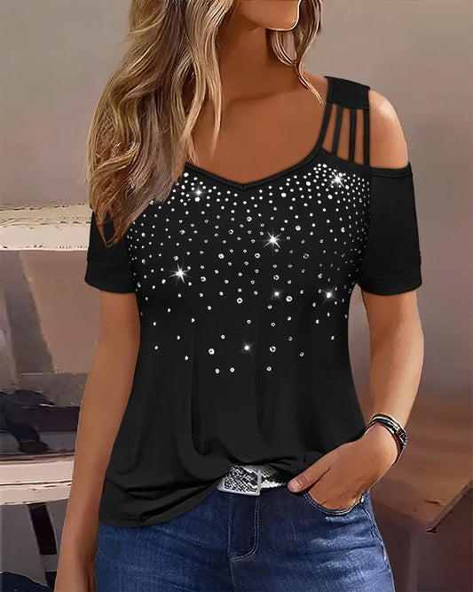 Rhinestone Cold Shoulder Short Sleeve Top