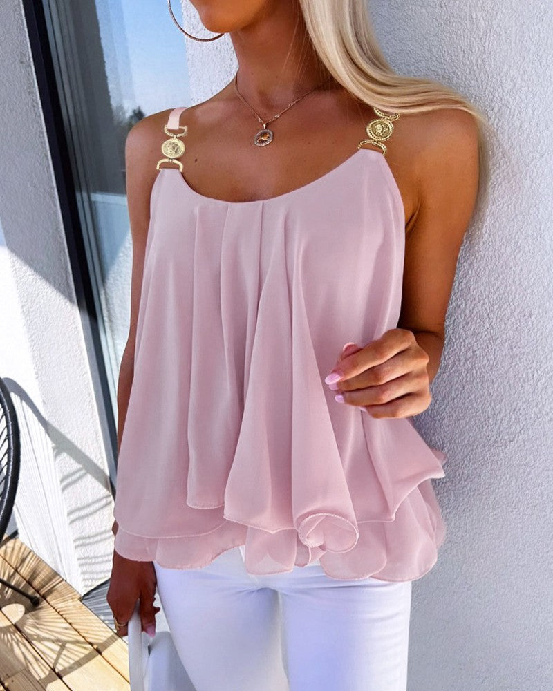 Ruffle Hem Flowy Metal Strap Tank Top