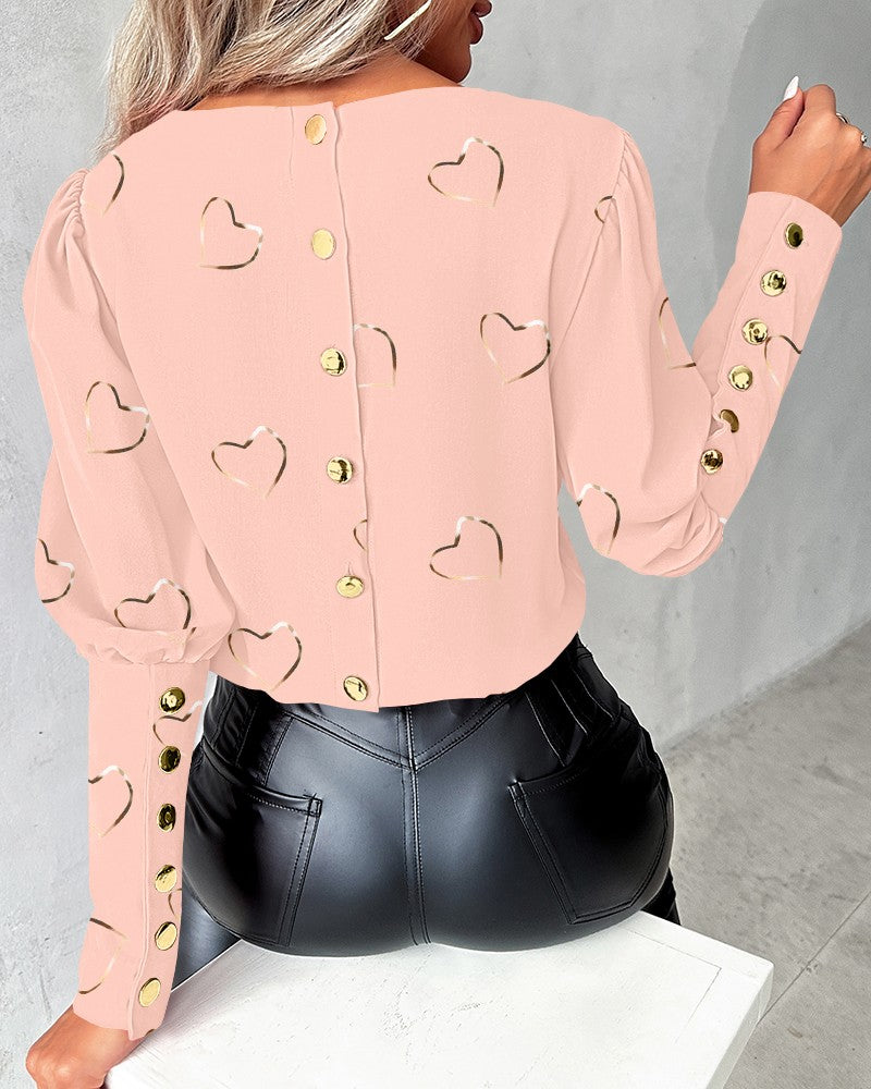 Heart Print Buttoned Long Sleeve Top