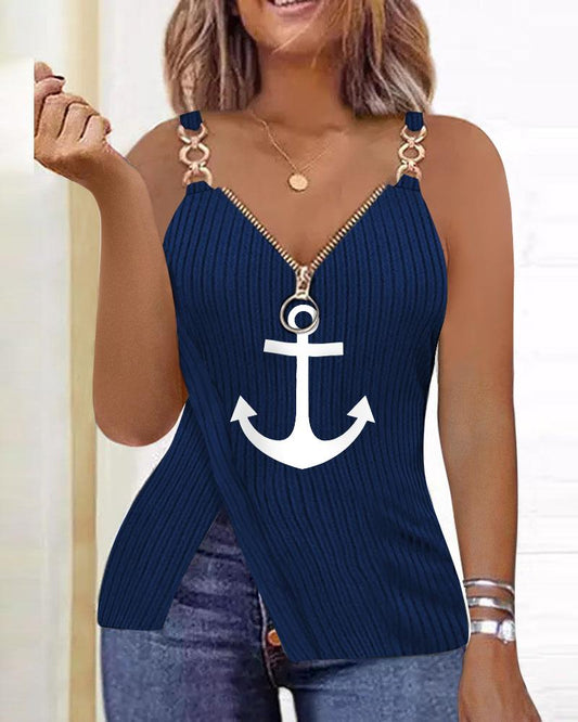 Anchor Print Chain Decor Zip Detail Slit Top