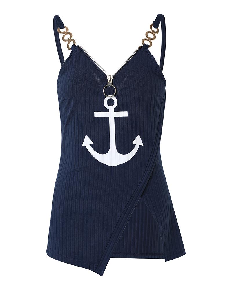 Anchor Print Chain Decor Zip Detail Slit Top