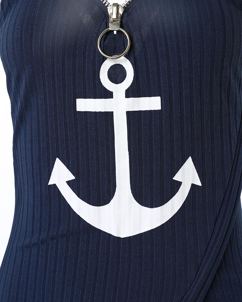 Anchor Print Chain Decor Zip Detail Slit Top