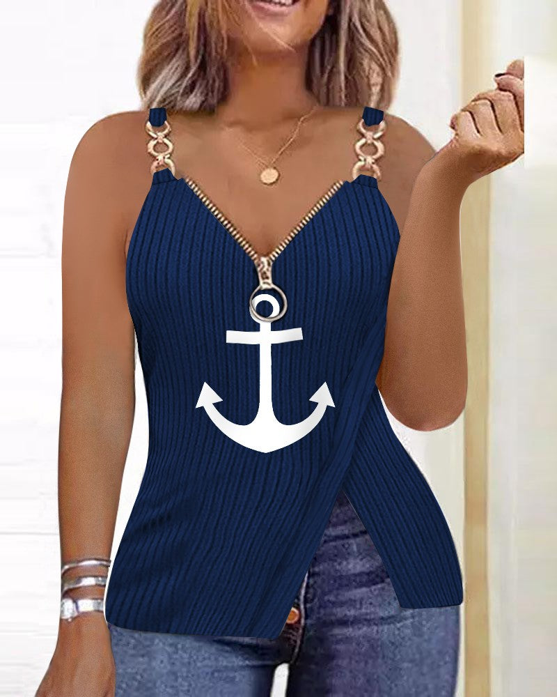 Anchor Print Chain Decor Zip Detail Slit Top