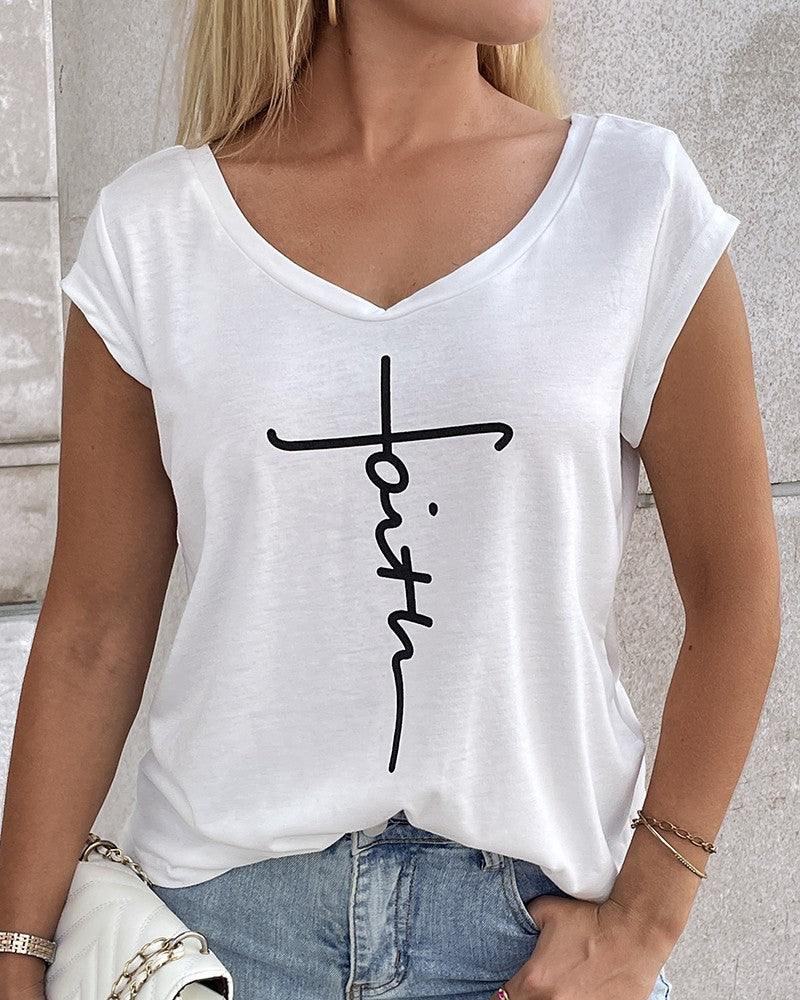 Faith Print V Neck Cap Sleeve T shirt