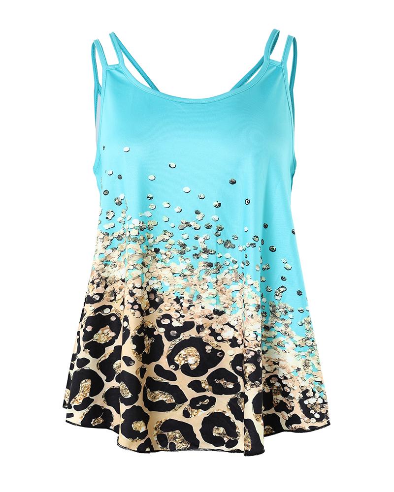 Contrast Leopard Print Double Strap Tank Top