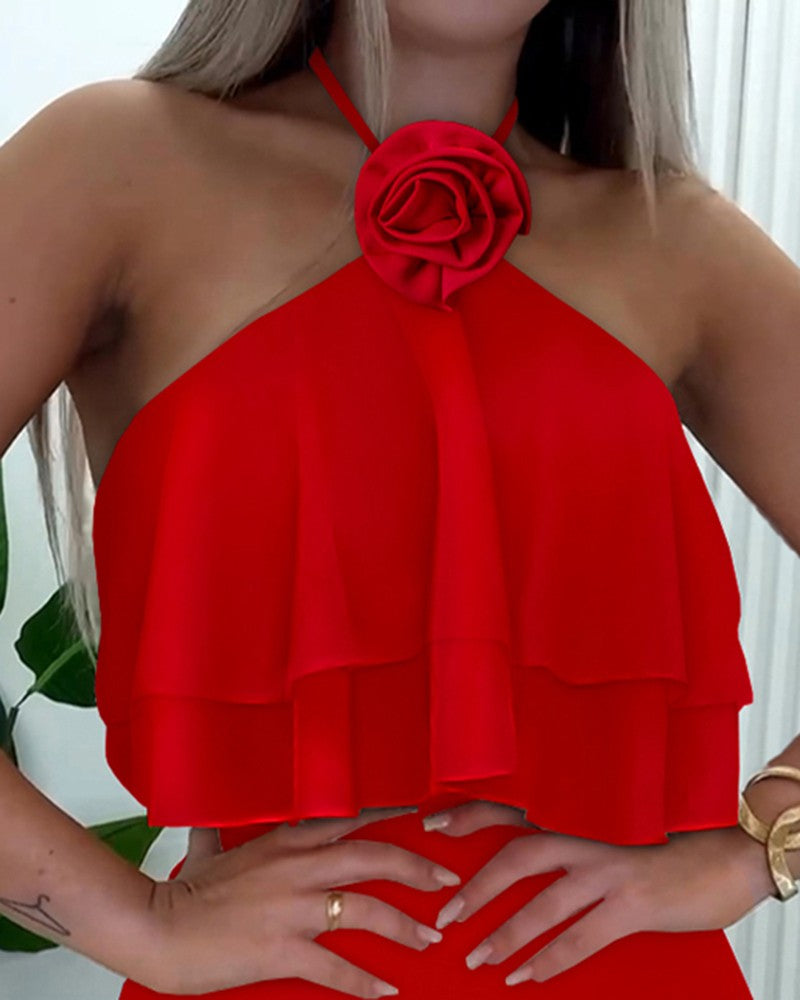 Rose Detail Halter Top & Skirt Set