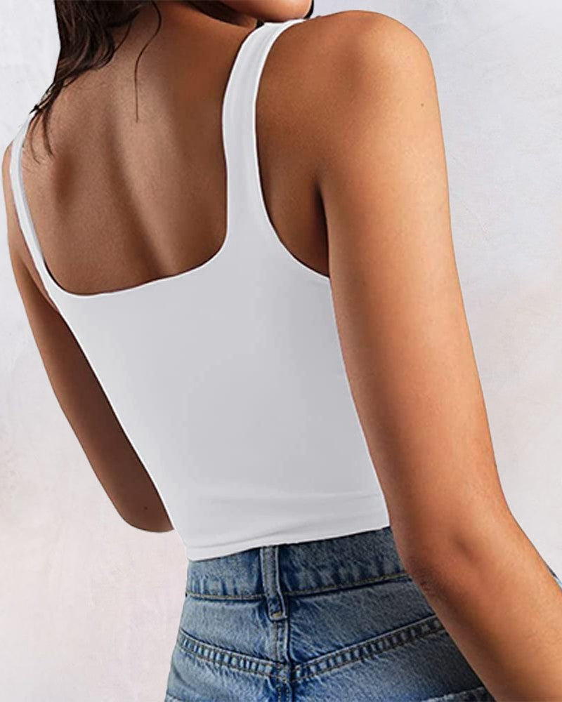 Thin Strap Square Neck Double Layer Workout Fitness Crop Tank Top