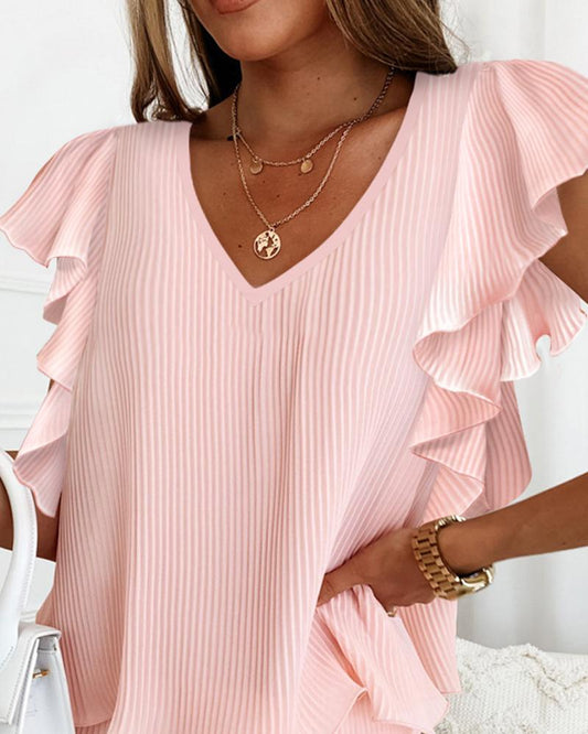 Ruffle Hem V Neck Flowy Top