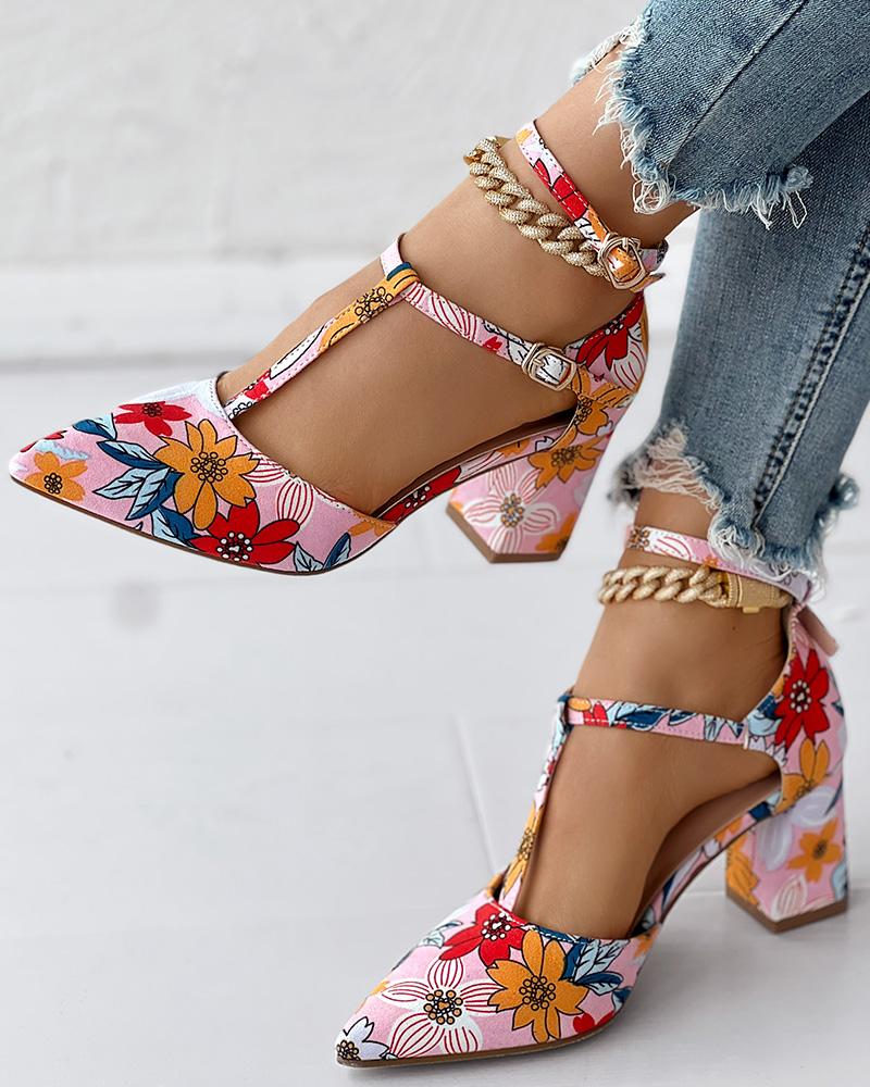 Floral Print T Strap Buckled Chunky Heel Pumps