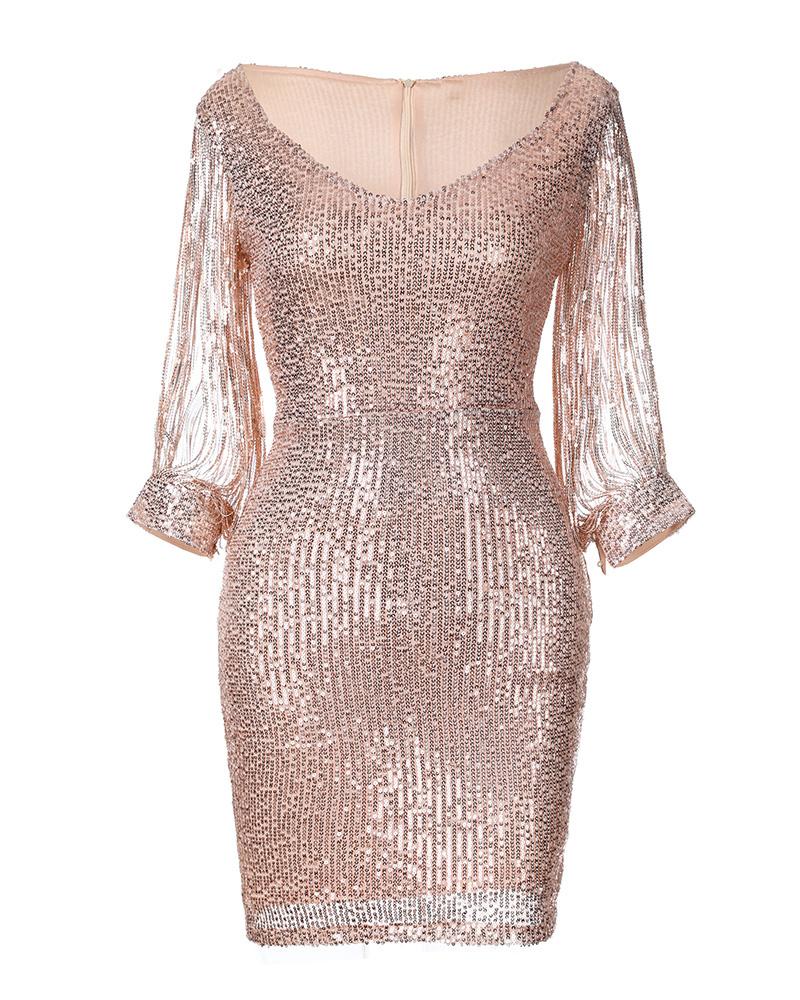 Tassels Detail Slit Half Sleeve Sequin Party Dress