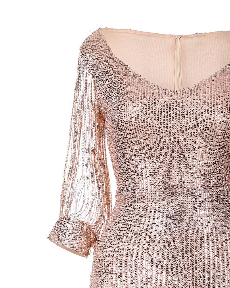 Tassels Detail Slit Half Sleeve Sequin Party Dress