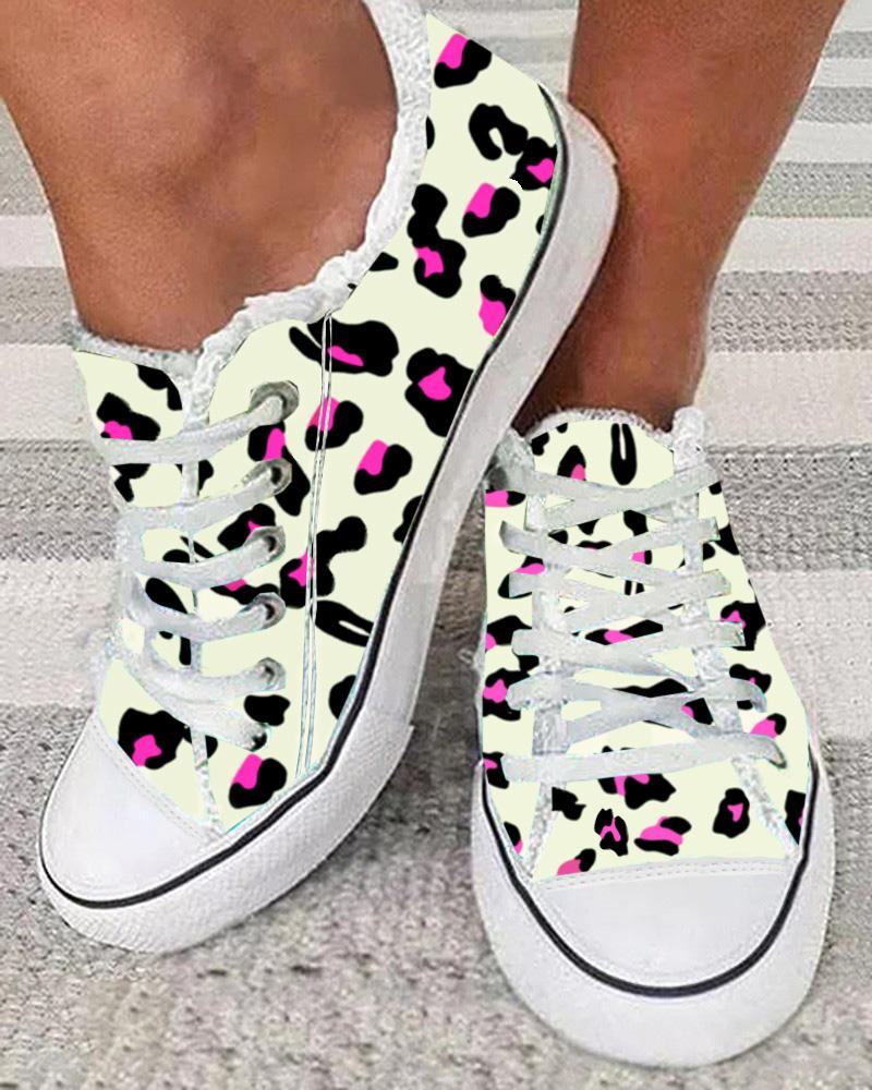 Leopard Print Raw Hem Lace up Canvas Sneakers