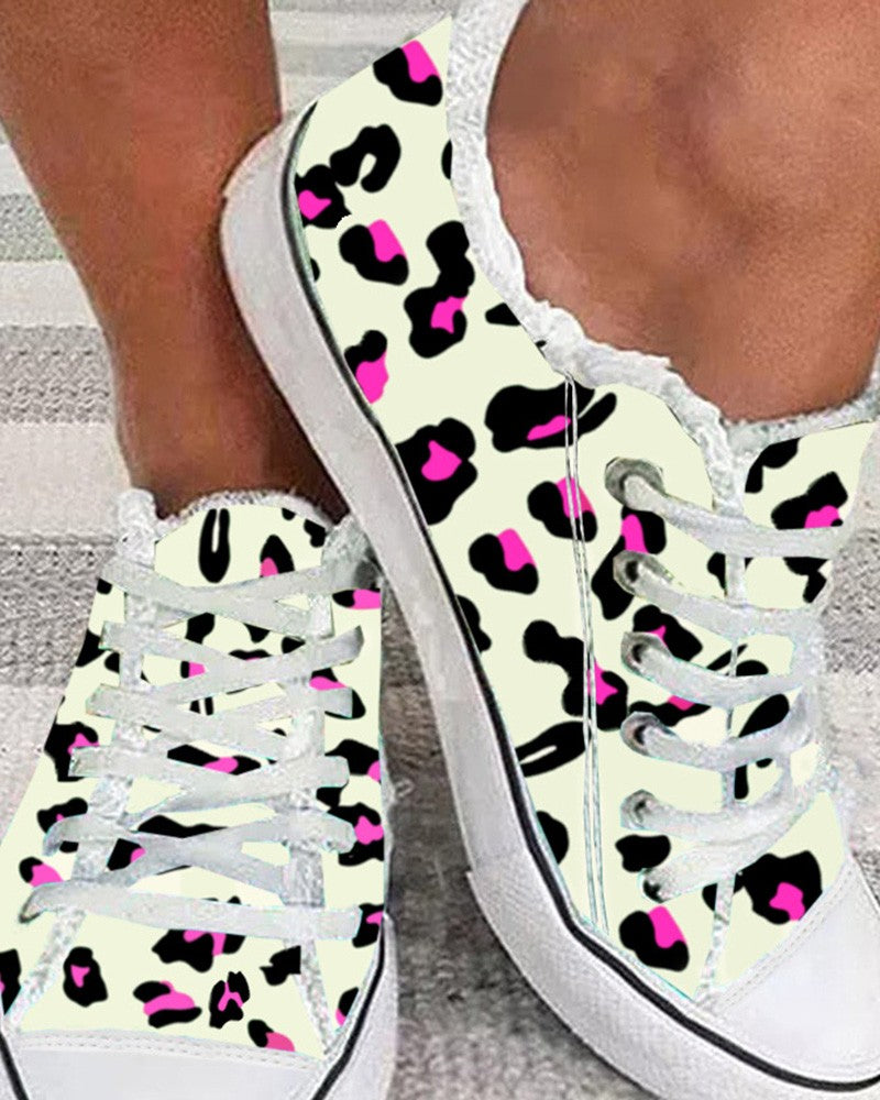 Leopard Print Raw Hem Lace up Canvas Sneakers