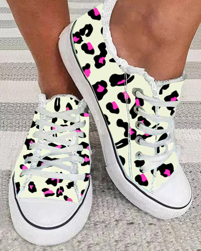 Leopard Print Raw Hem Lace up Canvas Sneakers