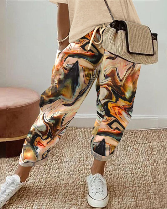 Marble Print Drawstring Cuffed Pants