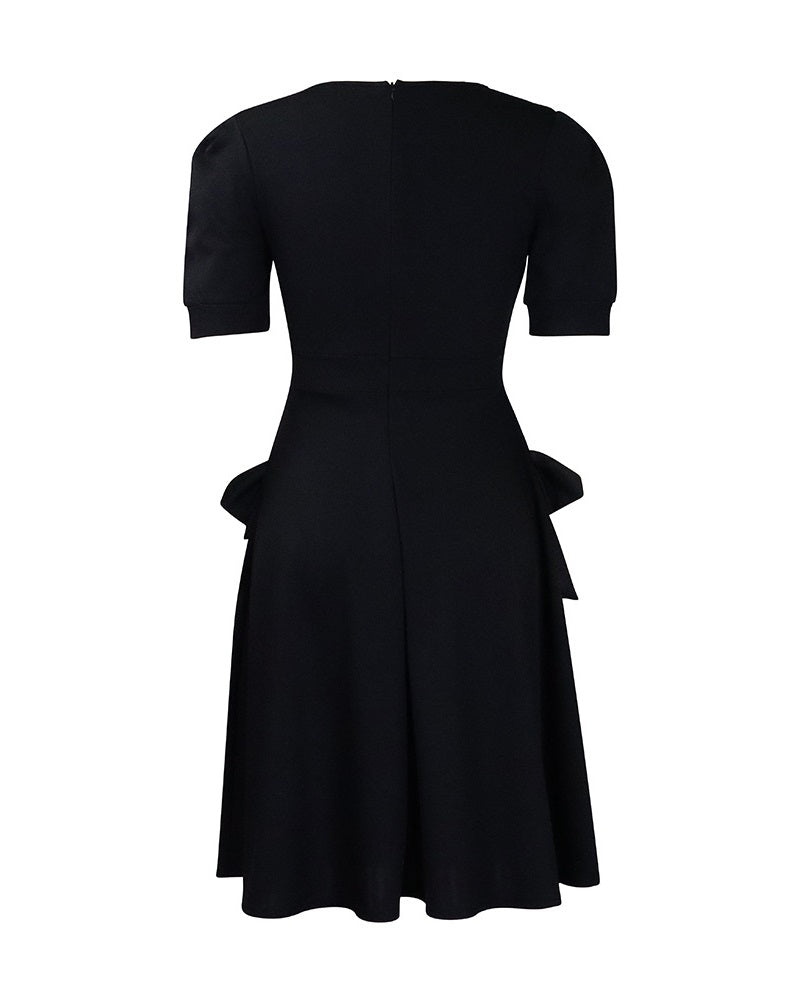 Puff Sleeve Round Neck Bowknot Design Casual Dress