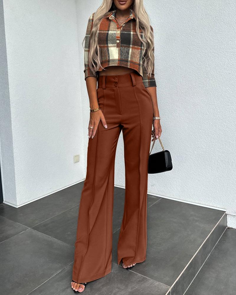 Plaid Print Half Sleeve Top & High Waist Pants Set