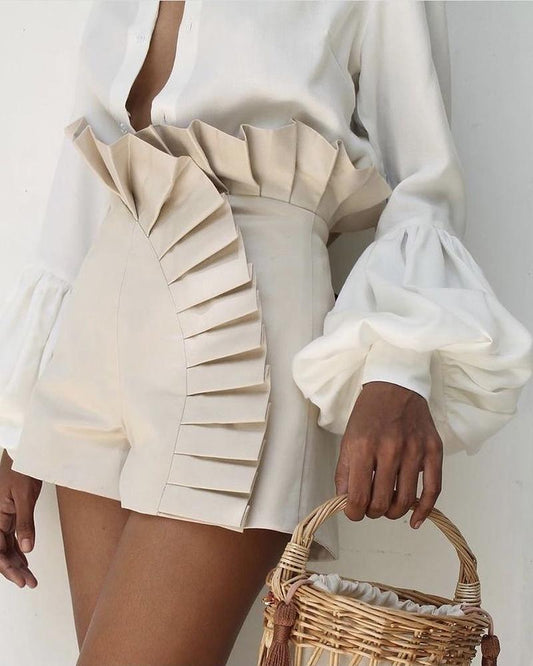 Ruffle Hem Ruched High Waist Shorts