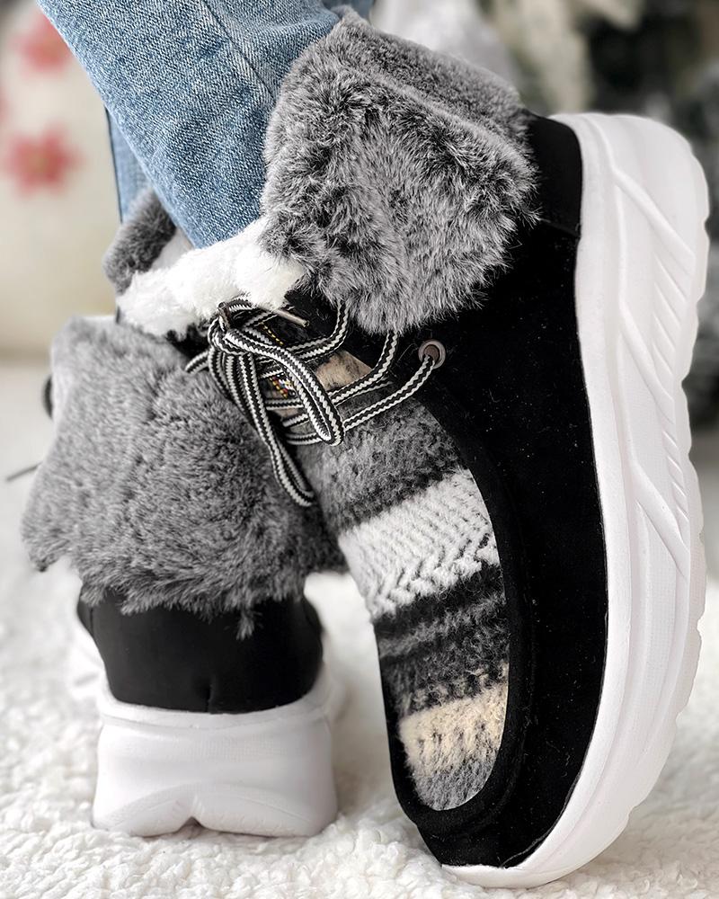 Colorblock Geometric Lace up Fuzzy Lined Ankle Boots