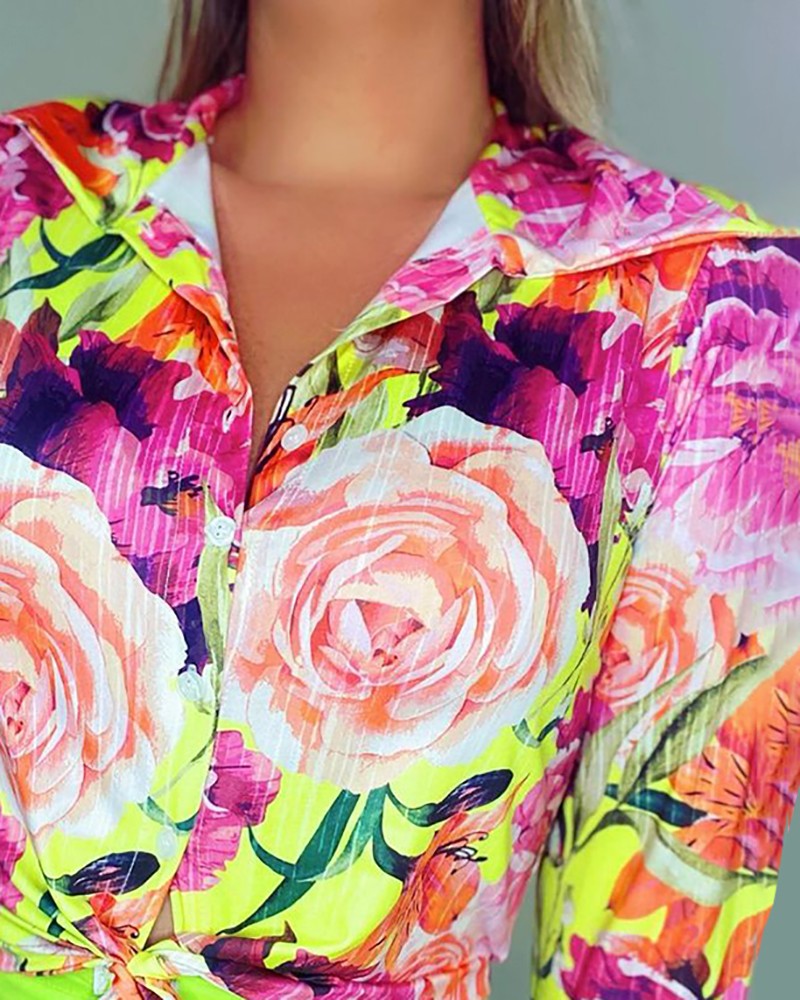 Floral Print Tie Front Long Sleeve Shirt