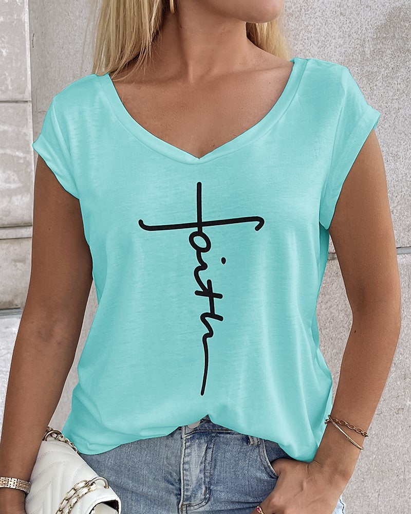 Faith Print V Neck Cap Sleeve T shirt