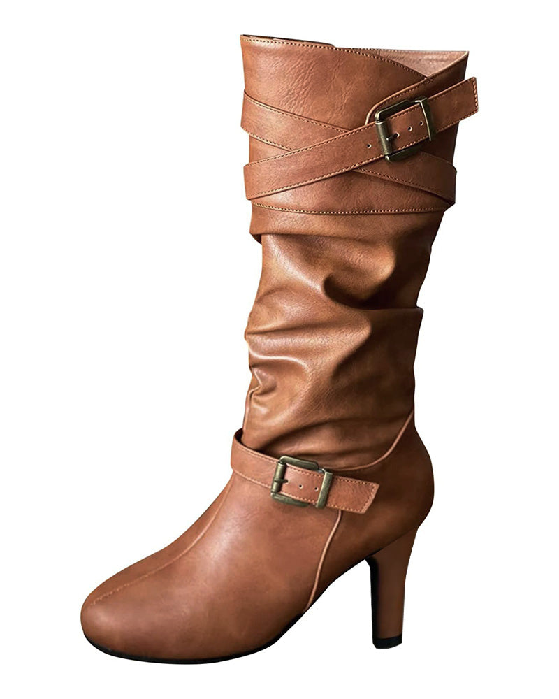 Buckled Ruched Cowboy Boots