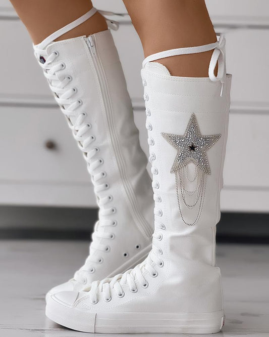 Eyelet Lace up Tassel Design Canvas Boots