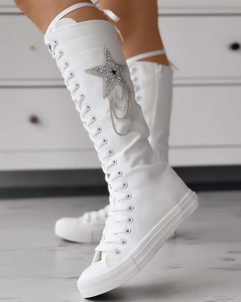 Eyelet Lace up Tassel Design Canvas Boots