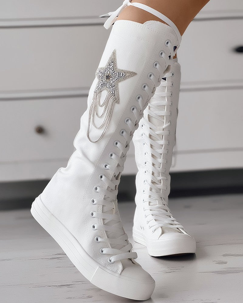 Eyelet Lace up Tassel Design Canvas Boots