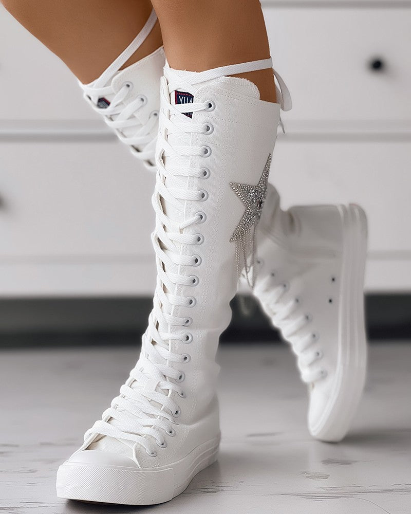 Eyelet Lace up Tassel Design Canvas Boots