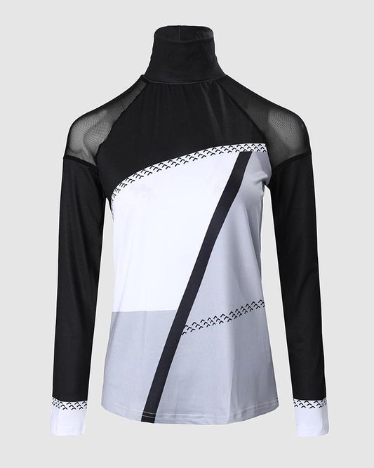 Geometric Print Contrast Mesh Long Sleeve Top