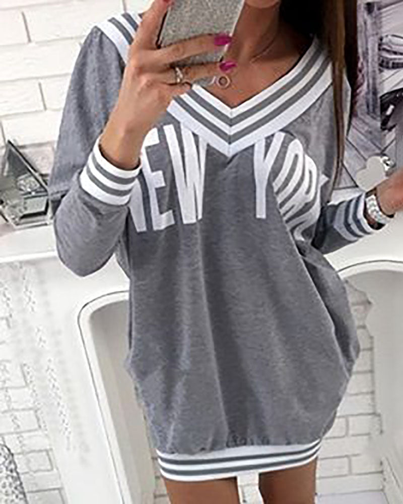 Striped Letter Print Long Sleeve Casual Sweatshirt