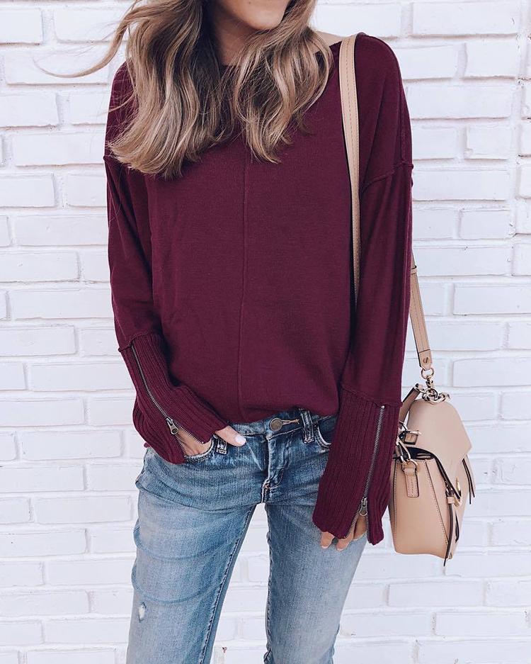 Solid Zipper Long Sleeve  Top