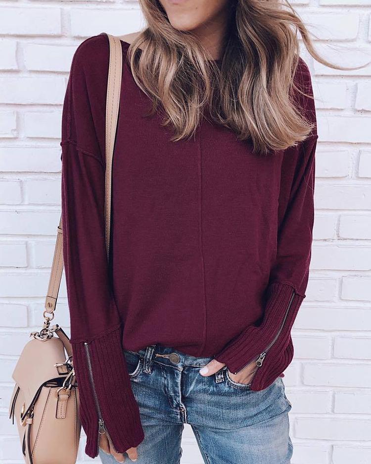 Solid Zipper Long Sleeve  Top