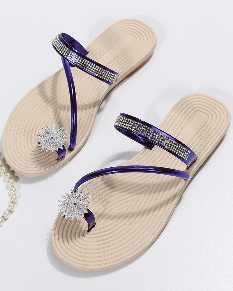 Rhinestone Floral Pattern Toe Ring Beach Flip Flops