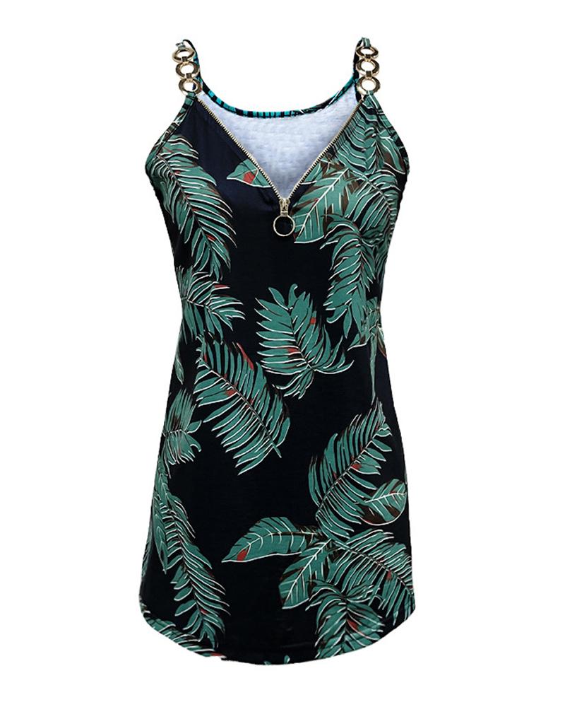 Chain Strap Zipper Decor Tropical Print Tank Top