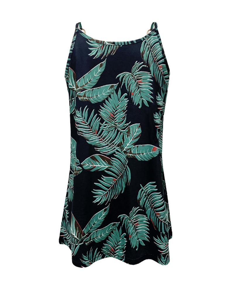 Chain Strap Zipper Decor Tropical Print Tank Top