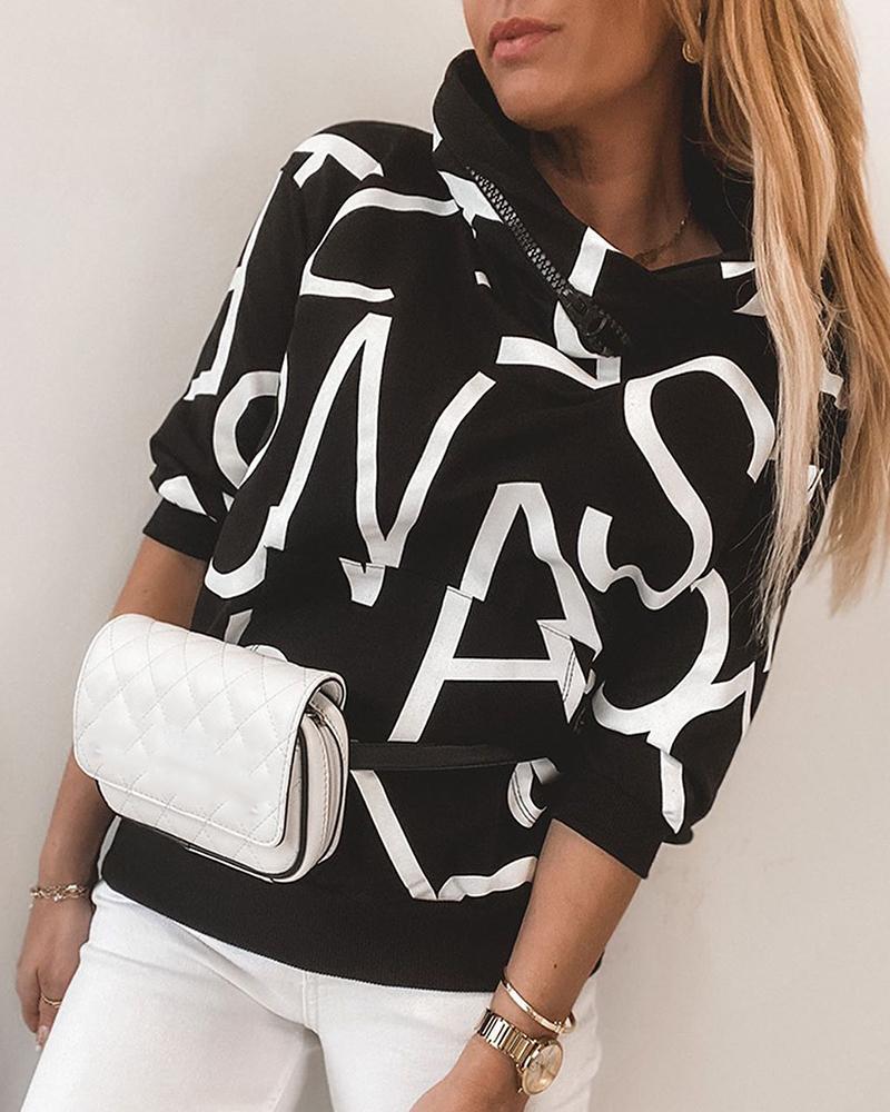 Letter Print Zipper Design Casual Hooded Top