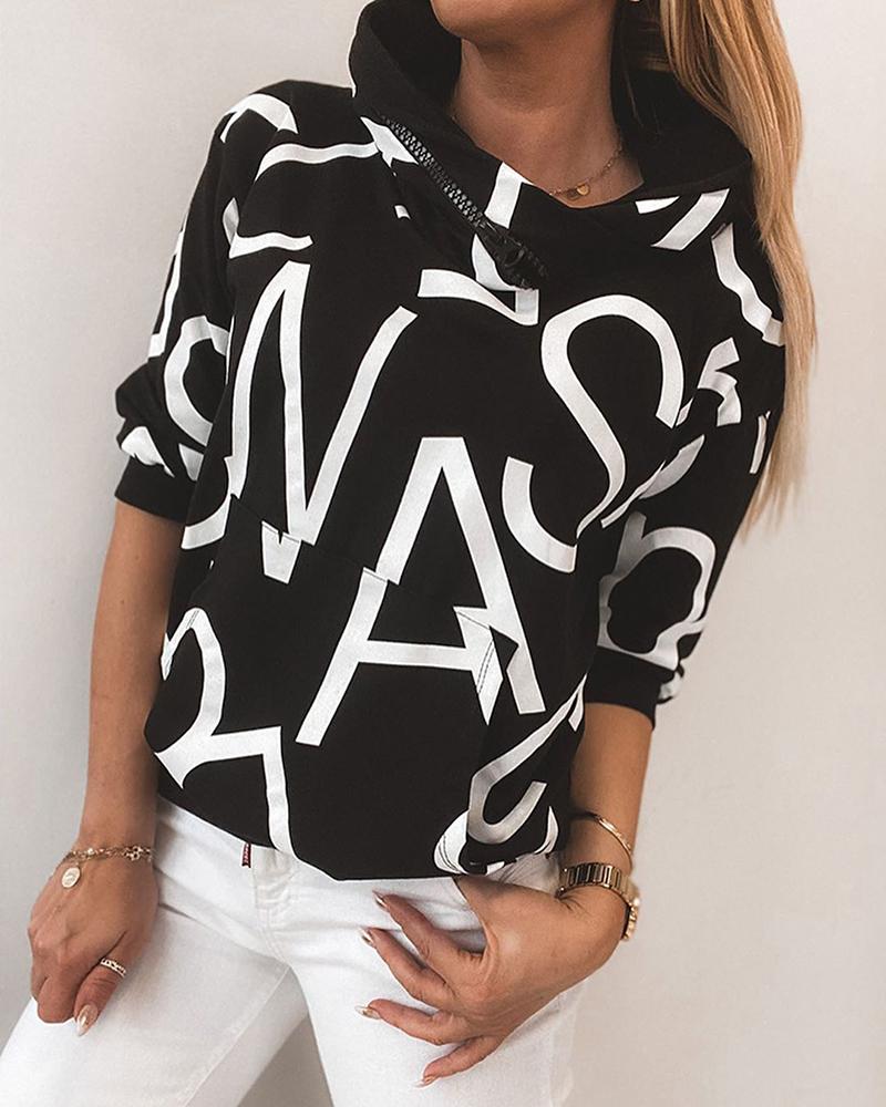 Letter Print Zipper Design Casual Hooded Top